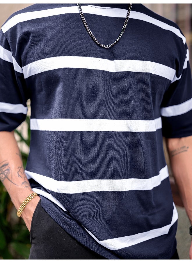 Maniac - Mens Striped Mens Round Neck 3/4th Sleeve Navy & White Oversized Fit T-Shirt - Image 1