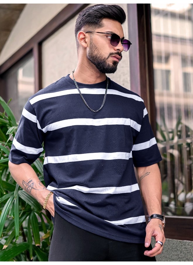Maniac - Mens Striped Mens Round Neck 3/4th Sleeve Navy & White Oversized Fit T-Shirt - Image 1