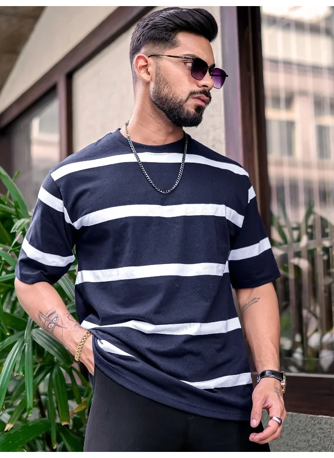 مانياك Mens Striped Mens Round Neck 3/4th Sleeve Navy & White Oversized Fit T-Shirt