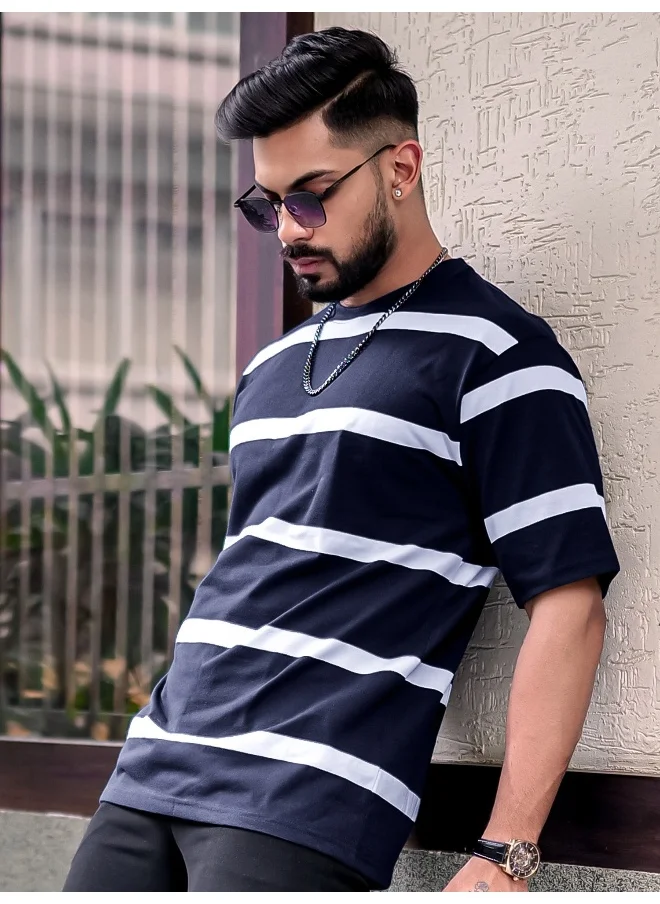 مانياك Mens Striped Mens Round Neck 3/4th Sleeve Navy & White Oversized Fit T-Shirt