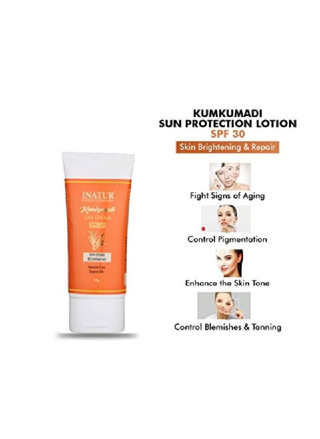 INATUR Kumkumadi Day Cream SPF30 Sunscreen | Protection from Sunburn | Ultralight and waterpoof | Enriched with Organic Oils | Skin Repair & Rejuvenating | For Glowing Skin | All Skin Type | 50g  - Image 3