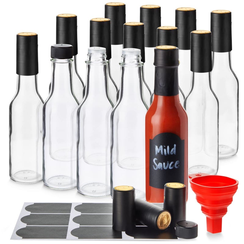 Talented Kitchen Glass Hot Sauce Bottles - 5 oz, Clear Glass, 14-Pack Woozy Bottles - Screw-On Caps & Dripper Inserts - Funnel & Chalkboard Labels - Hot Sauce Bottling Kit & Making Supplies