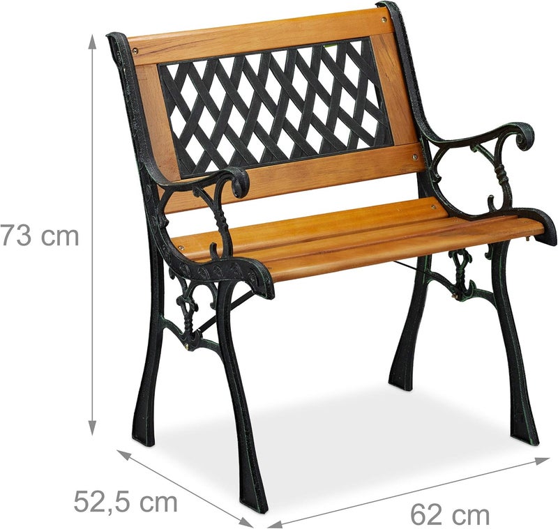 Relaxdays , Natural Black Armrest Heavy Duty Low Vintage Design Wood & Cast Iron 73 x 62 x 52.5 cm Wood Garden Chair Wicker - Image 3