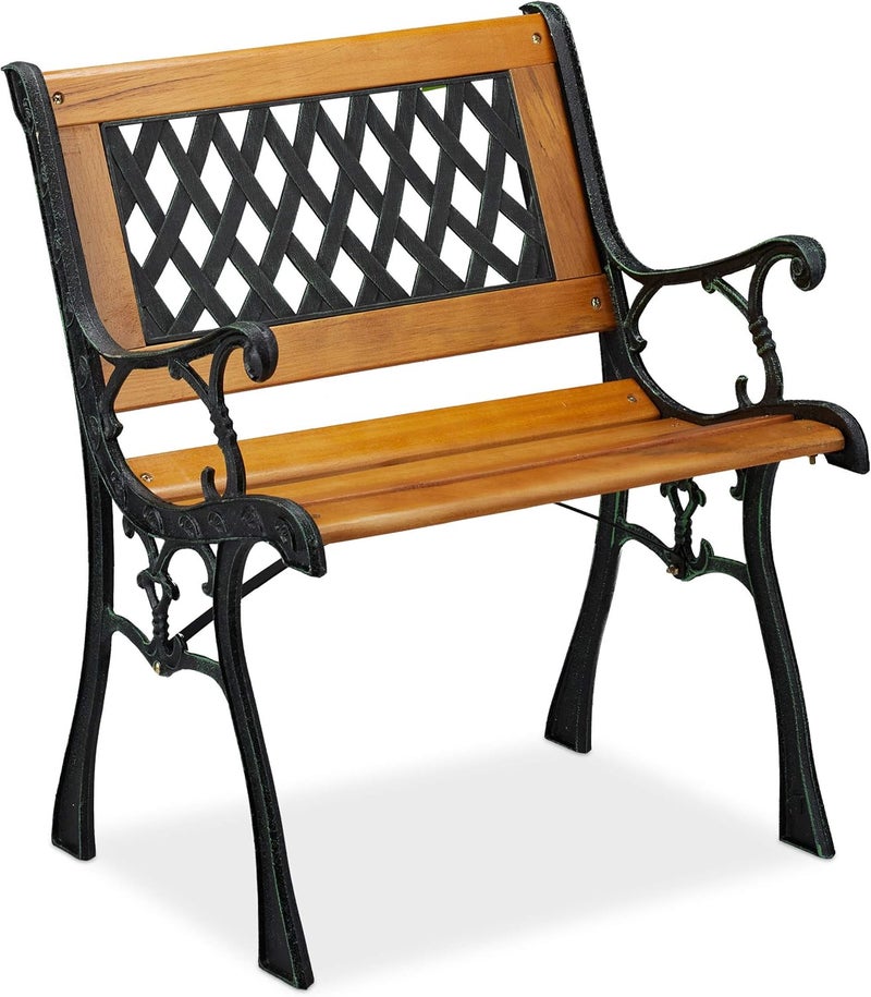 Relaxdays , Natural Black Armrest Heavy Duty Low Vintage Design Wood & Cast Iron 73 x 62 x 52.5 cm Wood Garden Chair Wicker - Image 1