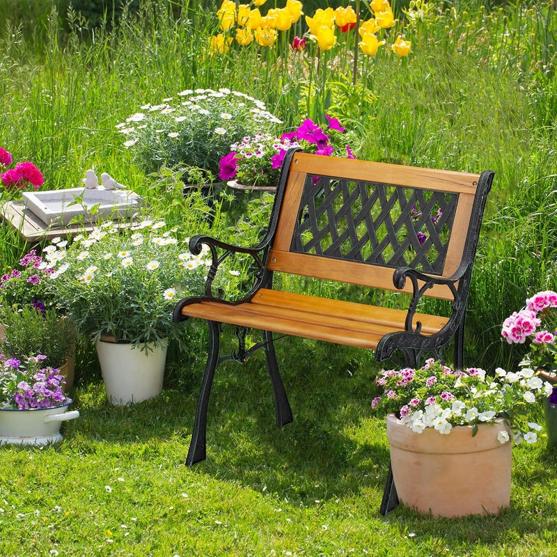 Relaxdays , Natural Black Armrest Heavy Duty Low Vintage Design Wood & Cast Iron 73 x 62 x 52.5 cm Wood Garden Chair Wicker - Image 2