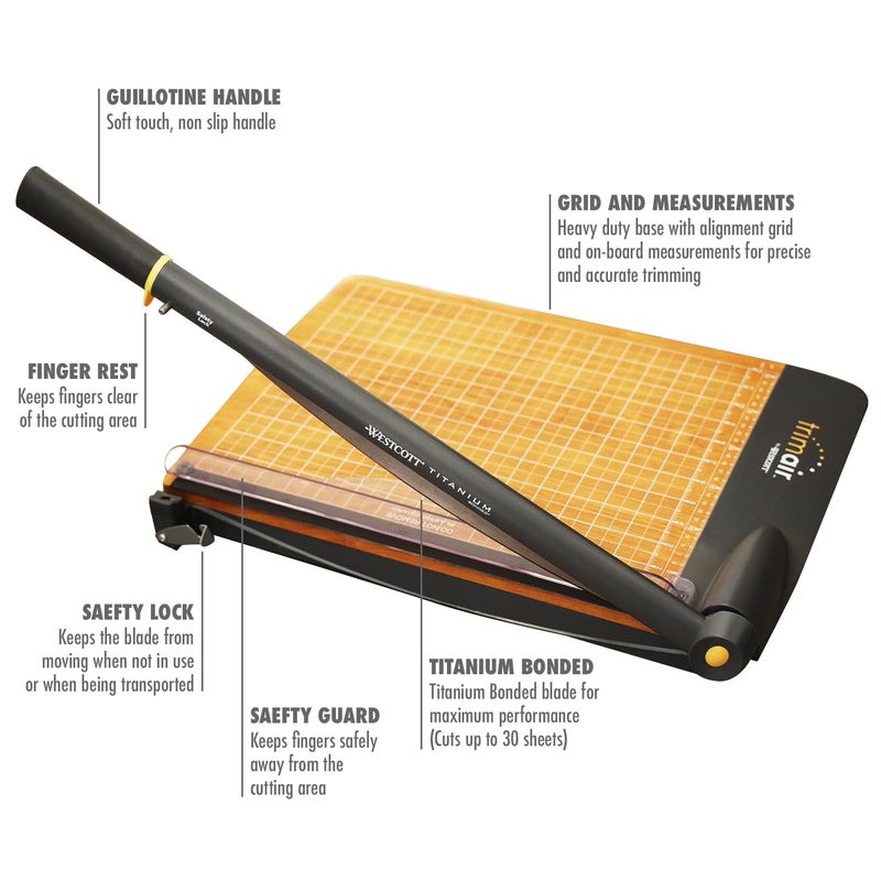 Westcott 12'' TrimAir Wood Guillotine Paper Cutter & Paper Trimmer, 30 Sheet (15106) - Image 2