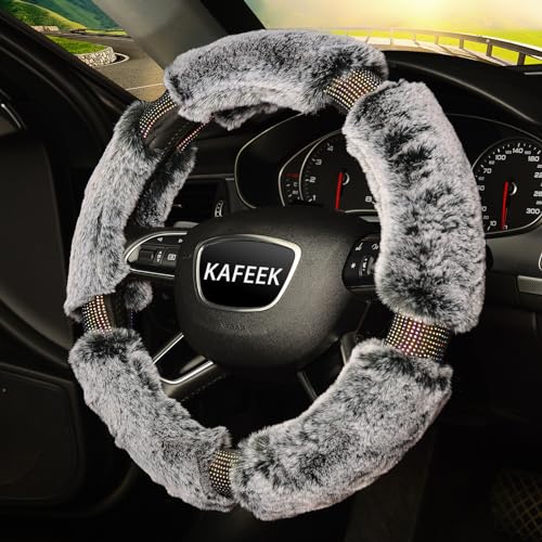 KAFEEK Diamond Fluffy Microfiber Plush Steering Wheel Cover with Bling Bling Crystal Rhinestones for Winter Warm, Universal 15 inch Fuzzy Steering Wheel Cover,Gray - Image 3