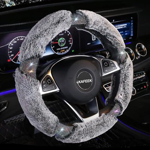 KAFEEK Diamond Fluffy Microfiber Plush Steering Wheel Cover with Bling Bling Crystal Rhinestones for Winter Warm, Universal 15 inch Fuzzy Steering Wheel Cover,Gray - Image 1