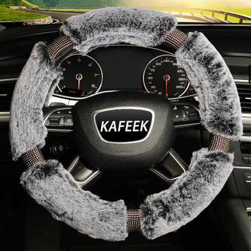 KAFEEK Diamond Fluffy Microfiber Plush Steering Wheel Cover with Bling Bling Crystal Rhinestones for Winter Warm, Universal 15 inch Fuzzy Steering Wheel Cover,Gray - Image 2