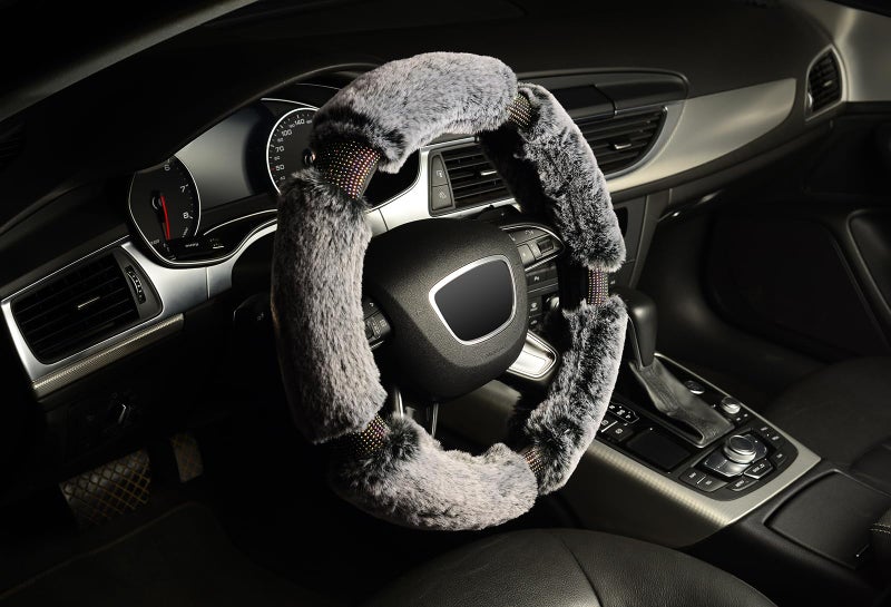 KAFEEK Diamond Fluffy Microfiber Plush Steering Wheel Cover with Bling Bling Crystal Rhinestones for Winter Warm, Universal 15 inch Fuzzy Steering Wheel Cover,Gray - Image 4