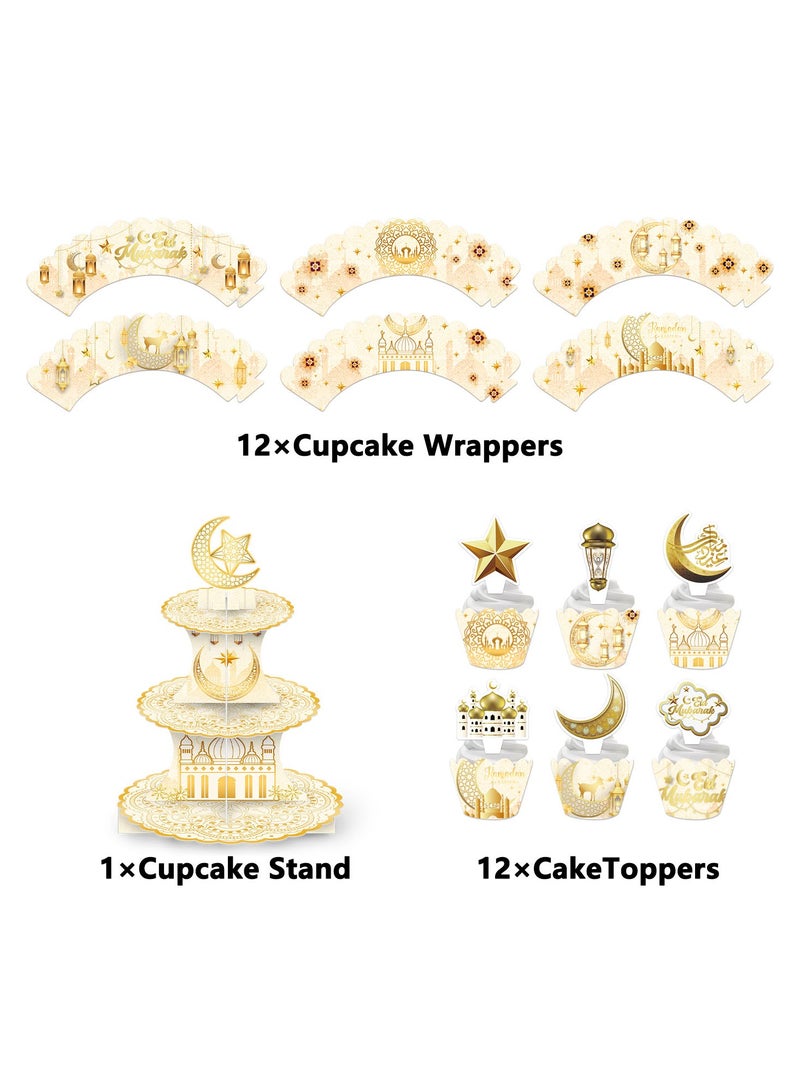 3 Tier Eid Ramadan Cupcake Stand With 12 Cupcake Toppers and Wrappers - view 3