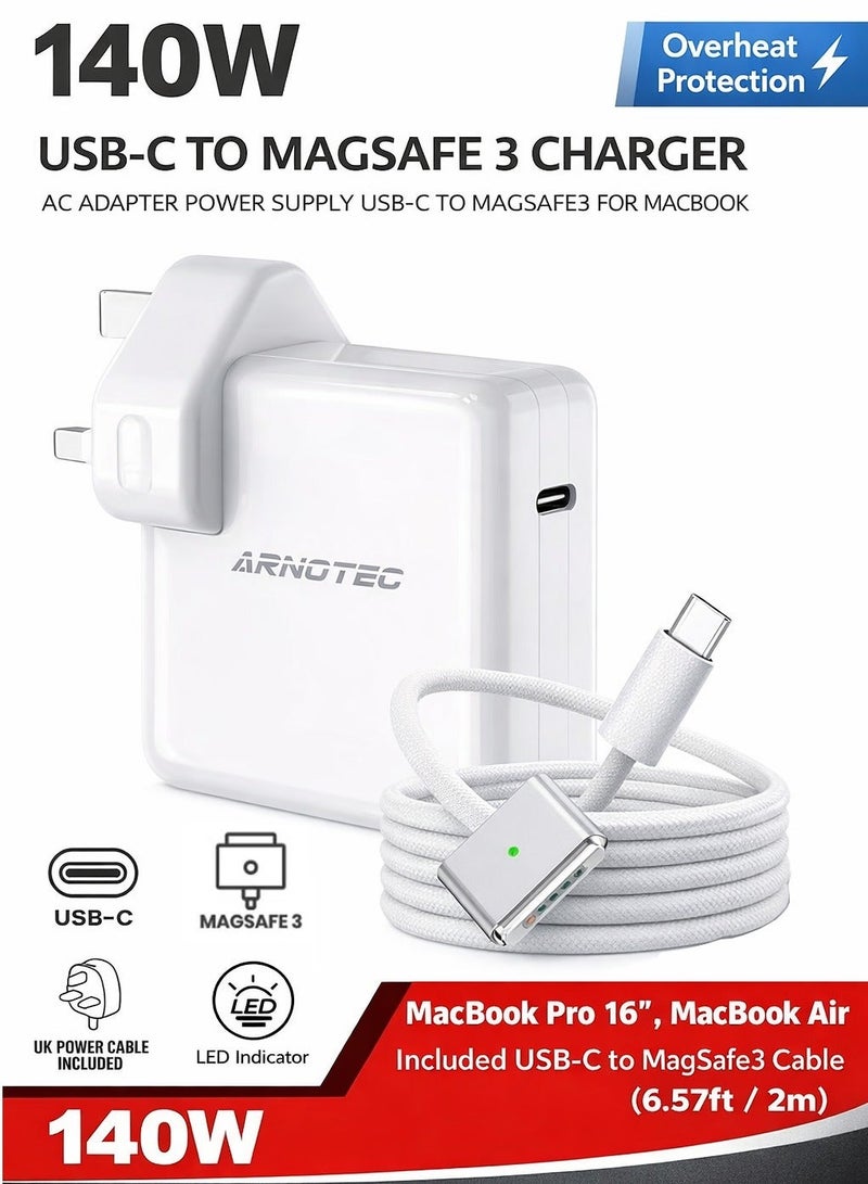 ARNOTEC شاحن ماك بوك برو 140 واط كابل USB-C إلى Magsafe 3 مع مؤشر LED شاحن فائق السرعة محول طاقة لماك بوك برو 14 بوصة 16 بوصة 2021 2023 M1 M2، ماك بوك إير 13 بوصة 15 بوصة M2 M3 2023 2024 أجهزة أخرى قابلة للتطبيق - Image 2