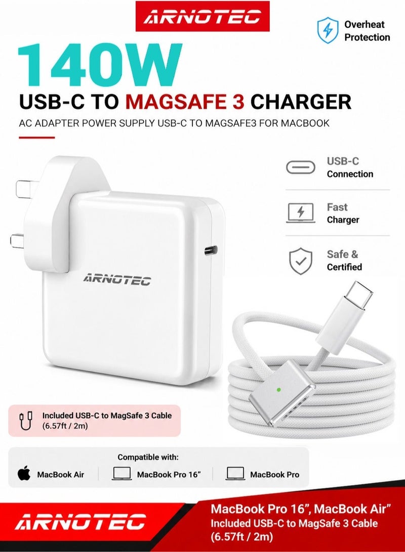 ARNOTEC شاحن ماك بوك برو 140 واط كابل USB-C إلى Magsafe 3 مع مؤشر LED شاحن فائق السرعة محول طاقة لماك بوك برو 14 بوصة 16 بوصة 2021 2023 M1 M2، ماك بوك إير 13 بوصة 15 بوصة M2 M3 2023 2024 أجهزة أخرى قابلة للتطبيق - Image 2