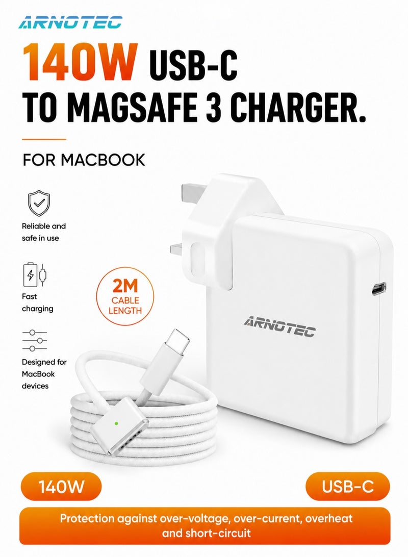 ARNOTEC شاحن ماك بوك برو 140 واط كابل USB-C إلى Magsafe 3 مع مؤشر LED شاحن فائق السرعة محول طاقة لماك بوك برو 14 بوصة 16 بوصة 2021 2023 M1 M2، ماك بوك إير 13 بوصة 15 بوصة M2 M3 2023 2024 أجهزة أخرى قابلة للتطبيق - Image 1