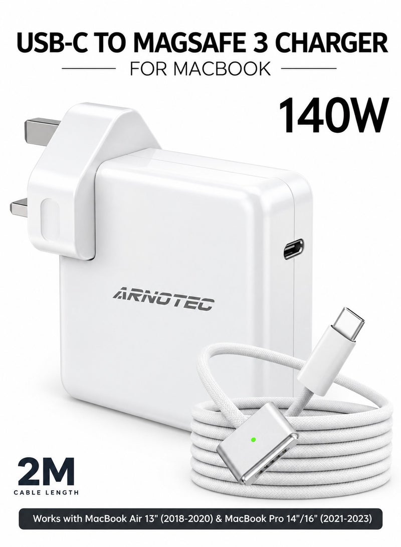 ARNOTEC 140W USB-C Fast Charger for MacBook Pro 14/16 Inch & MacBook Air 13/15 Inch, Power Adapter with 2M USB-C to MagSafe 3 Cable, LED Charging Indicator, Compatible with M1/M2/M3, White - Image 1
