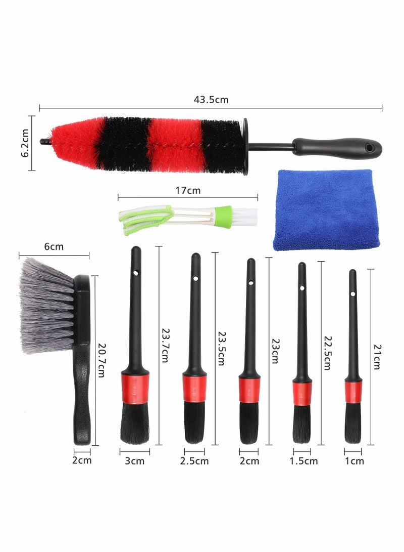 9 Piece Car Cleaning Brush Set for Wheels and Interior Detailing with Long Handle Rim Brush, Wheel Brush, Vent Duster, and Towels