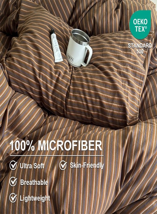 Erwinmu Duvet Cover Set Queen Size Brown Striped Bedding Set for Girls Boys,Modern Back to School Duvet Cover Kids with Zipper Closure and 2 Pillowcases - Image 3