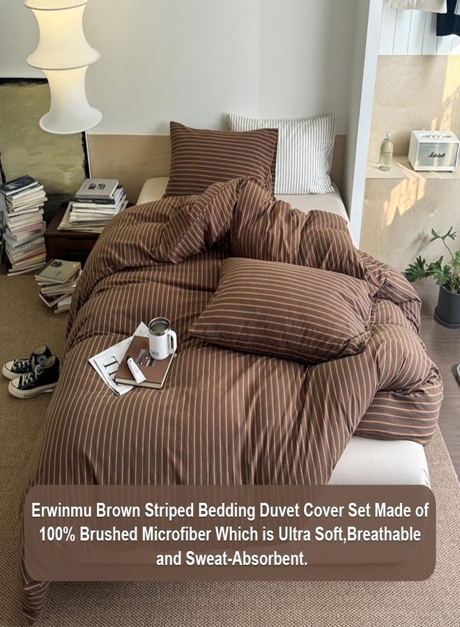 Erwinmu Duvet Cover Set Queen Size Brown Striped Bedding Set for Girls Boys,Modern Back to School Duvet Cover Kids with Zipper Closure and 2 Pillowcases - Image 2