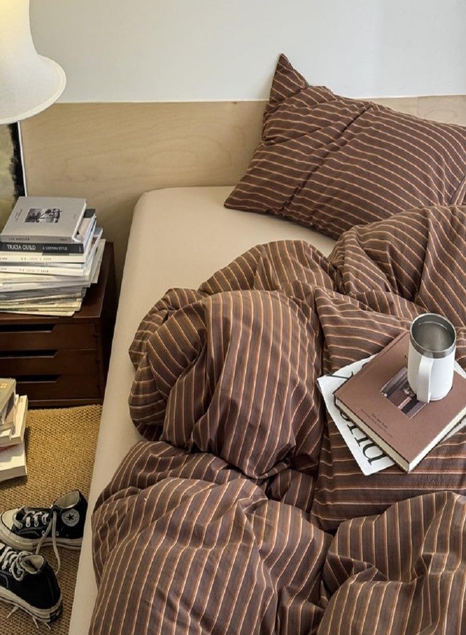 Erwinmu Duvet Cover Set Queen Size Brown Striped Bedding Set for Girls Boys,Modern Back to School Duvet Cover Kids with Zipper Closure and 2 Pillowcases - Image 1