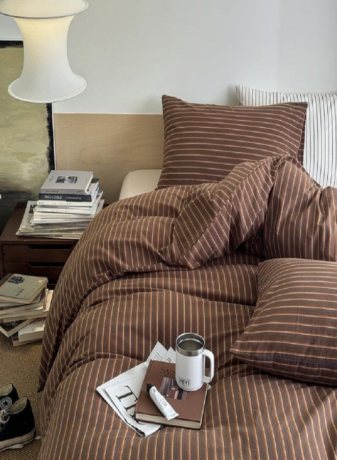 Erwinmu Duvet Cover Set Queen Size Brown Striped Bedding Set for Girls Boys,Modern Back to School Duvet Cover Kids with Zipper Closure and 2 Pillowcases - Image 4