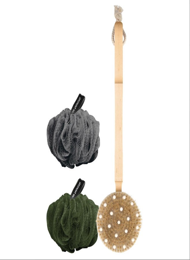 BLKSMITH Dry Massaging Brush and 2 Loofahs for Men - Shower Scrubber for Body, Deeply Cleanse Skin, Remove Impurities - Bath Loofa & Dry Brushing Body Brush for Lymphatic Drainage (Green - Navy - Image 2