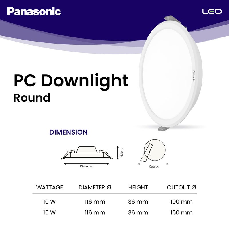 Panasonic 15 Watt LED PC Downlighter, Round False Ceiling Downlight for Home, Office with Cutout 150mm, Cool White Ceiling Downlight (PDLM01157R3) - Image 2