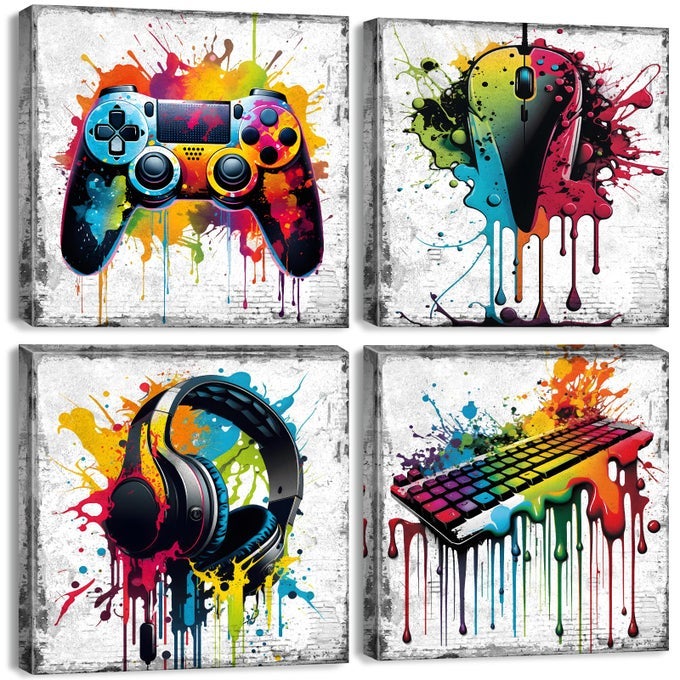 GAME WALL DECOR GAMING ART GRAFFITI GAMEPAD HEADPHONES CANVAS PICTURES GAMER ROOM FOR BOYS STREET POP BEDROOM DORM PLAYROOM CAVE TEEN MEN COOL VIDEO PAINTING MODERN ARTWORK 12X12 4 PCS