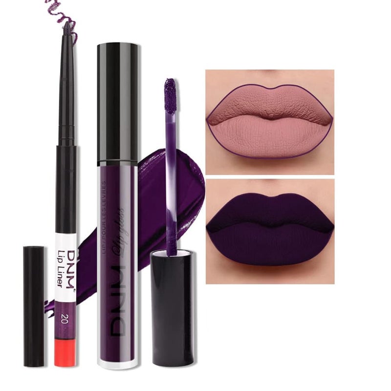 Amy's Diary 2Pcs Dark Purple Lip Liner and Lipstick Matte Makeup Set, Darkest Eggplant Plum 24H With Liner Set, Matt Liquid Long Lasting Mate Dark Berry (#20) - Image 1