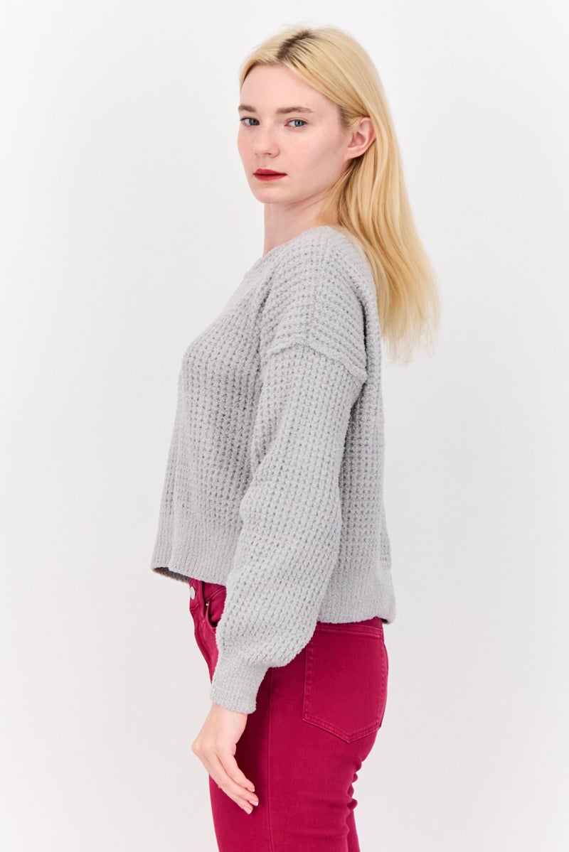Pink Rose Women Crew Neck Knitted Sweater, Pastel Grey - Image 3
