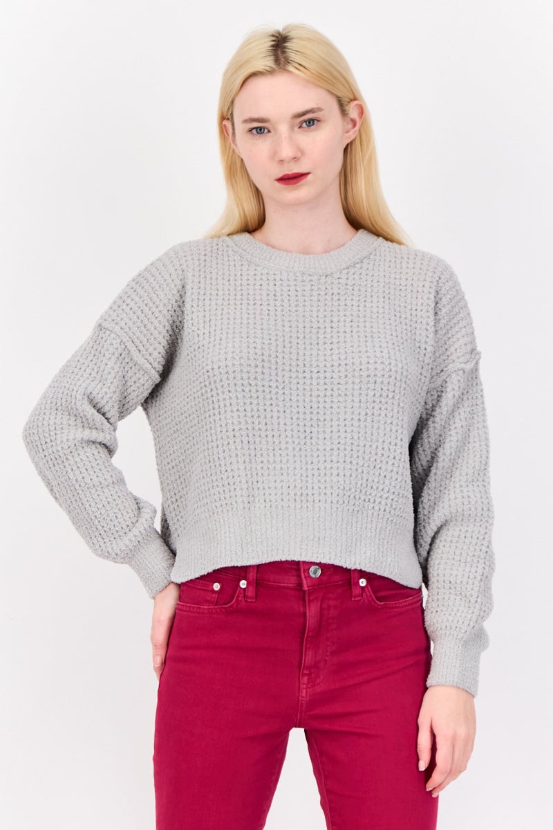 Pink Rose Women Crew Neck Knitted Sweater, Pastel Grey - Image 1