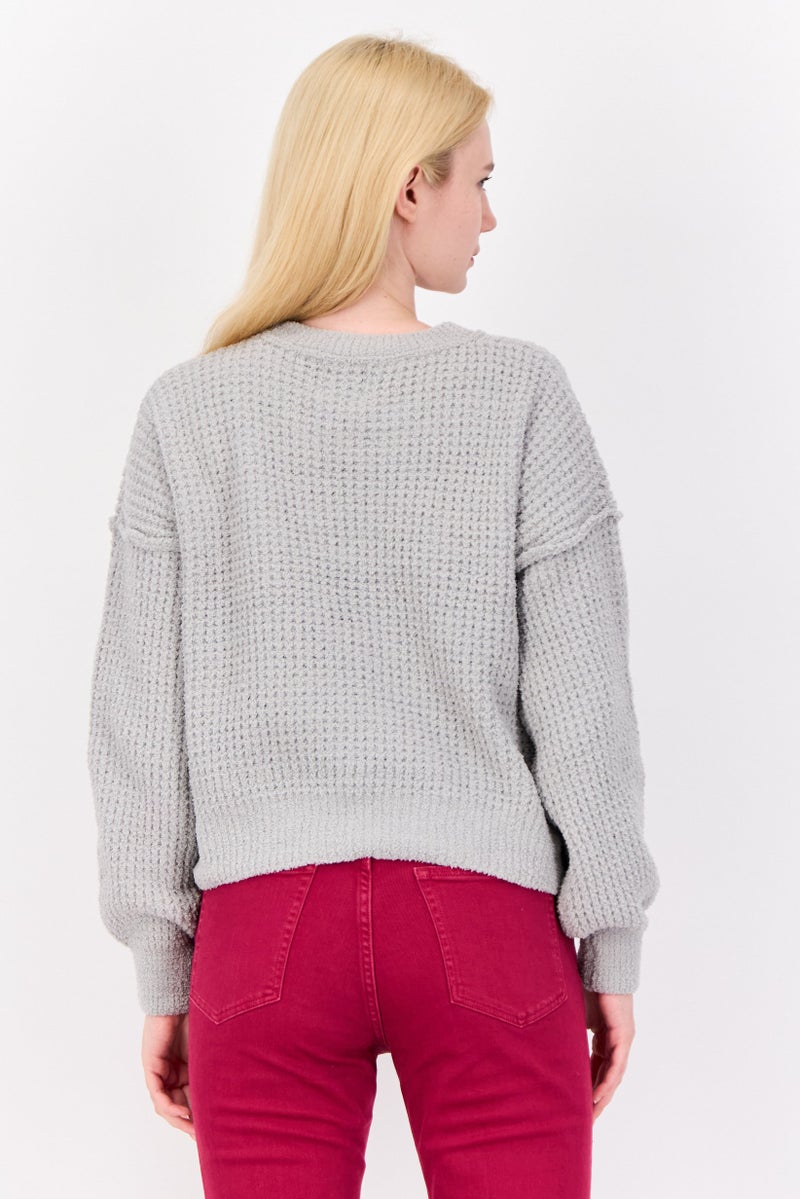Pink Rose Women Crew Neck Knitted Sweater, Pastel Grey - Image 2