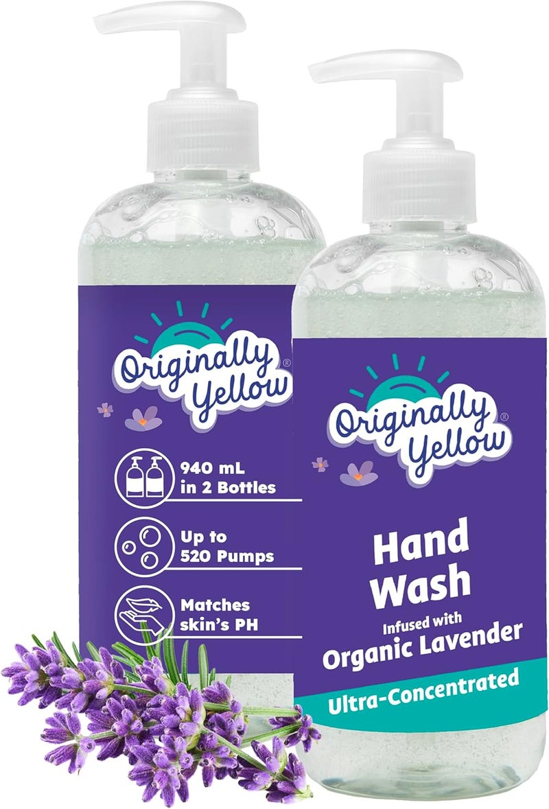 Originally Yellow Organic Lavender Infused Hand Wash All Natural Liquid Hand Soap Dispenser, Baby Safe and Pet Safe Plant Based Organic Soap 470ML 2 PACK - Image 1