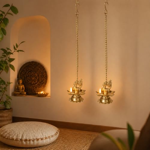 Kartique Brass Wall Hanging Diya (3 x 3 x 16 inches, Gold) Peacock Oil Lamp for Home Mandir Entrance Diya Pair( 2 Pcs ) Small Size - Image 4