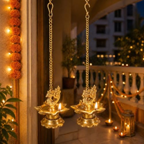 Kartique Brass Wall Hanging Diya (3 x 3 x 16 inches, Gold) Peacock Oil Lamp for Home Mandir Entrance Diya Pair( 2 Pcs ) Small Size - Image 1