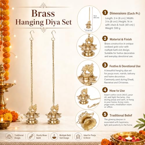 Kartique Brass Wall Hanging Diya (3 x 3 x 16 inches, Gold) Peacock Oil Lamp for Home Mandir Entrance Diya Pair( 2 Pcs ) Small Size - Image 2