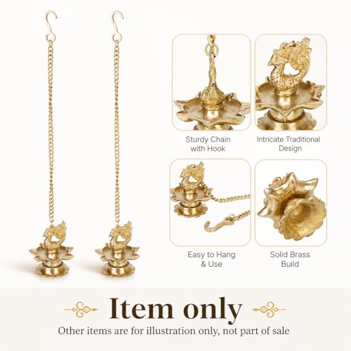 Kartique Brass Wall Hanging Diya (3 x 3 x 16 inches, Gold) Peacock Oil Lamp for Home Mandir Entrance Diya Pair( 2 Pcs ) Small Size - Image 5
