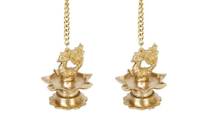 Kartique Brass Wall Hanging Diya (3 x 3 x 16 inches, Gold) Peacock Oil Lamp for Home Mandir Entrance Diya Pair( 2 Pcs ) Small Size - Image 3