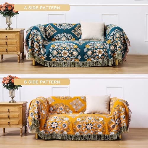 VANJOROY Boho Throw Blanket, 100% Cotton Soft Sofa Bed Queen Throw-Floral Farmhouse Decor Blanket, Reversible Bohemian Yellow Throw for Chair Couch Quilt and Gift, 80" x 90" - Image 3