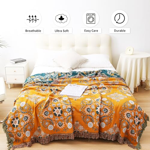 VANJOROY Boho Throw Blanket, 100% Cotton Soft Sofa Bed Queen Throw-Floral Farmhouse Decor Blanket, Reversible Bohemian Yellow Throw for Chair Couch Quilt and Gift, 80" x 90" - Image 5
