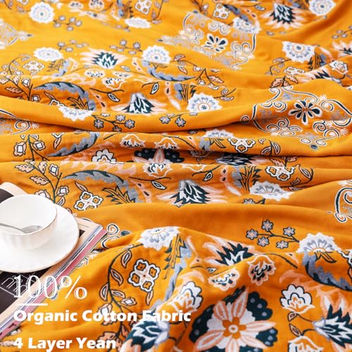 VANJOROY Boho Throw Blanket, 100% Cotton Soft Sofa Bed Queen Throw-Floral Farmhouse Decor Blanket, Reversible Bohemian Yellow Throw for Chair Couch Quilt and Gift, 80" x 90" - Image 4