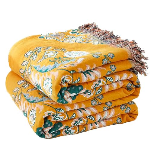 VANJOROY Boho Throw Blanket, 100% Cotton Soft Sofa Bed Queen Throw-Floral Farmhouse Decor Blanket, Reversible Bohemian Yellow Throw for Chair Couch Quilt and Gift, 80" x 90" - Image 1