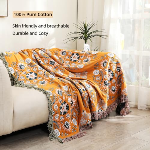 VANJOROY Boho Throw Blanket, 100% Cotton Soft Sofa Bed Queen Throw-Floral Farmhouse Decor Blanket, Reversible Bohemian Yellow Throw for Chair Couch Quilt and Gift, 80" x 90" - Image 2