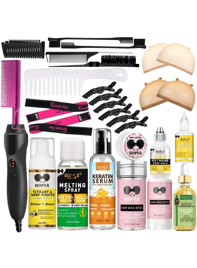 Goiple Hot Comb Hair Straightener Heat Pressing Combs Electrical Straightening Comb for Natural Black Hair Wigs, Electric Hot Comb for Lace Front Wigs, Hot Comb Set with Lace Melting Spray Wig Glue Kit - Image 1
