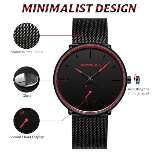 FIZILI Mens Watches Ultra-Thin Minimalist Waterproof-Fashion Wrist Watch for Men Unisex Dress with Stainless Steel Mesh Band-Red Hands (New) - Image 3
