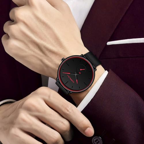 FIZILI Mens Watches Ultra-Thin Minimalist Waterproof-Fashion Wrist Watch for Men Unisex Dress with Stainless Steel Mesh Band-Red Hands (New) - Image 5