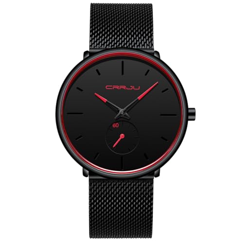 FIZILI Mens Watches Ultra-Thin Minimalist Waterproof-Fashion Wrist Watch for Men Unisex Dress with Stainless Steel Mesh Band-Red Hands (New) - Image 1
