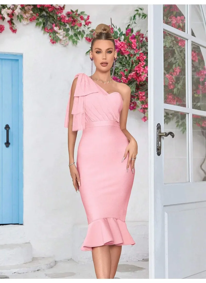مدام يونيك Women's Pink One Shoulder Bodycon Midi Dress Graduation Birthday Dinner Bandage Party Dress