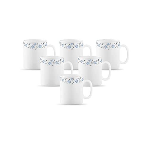 La Opala Diva, Opal Glass Coffee Mug Set Cylinder Regular 6 Pcs, Grace Blue, White, Standard - 180 Ml - Image 1