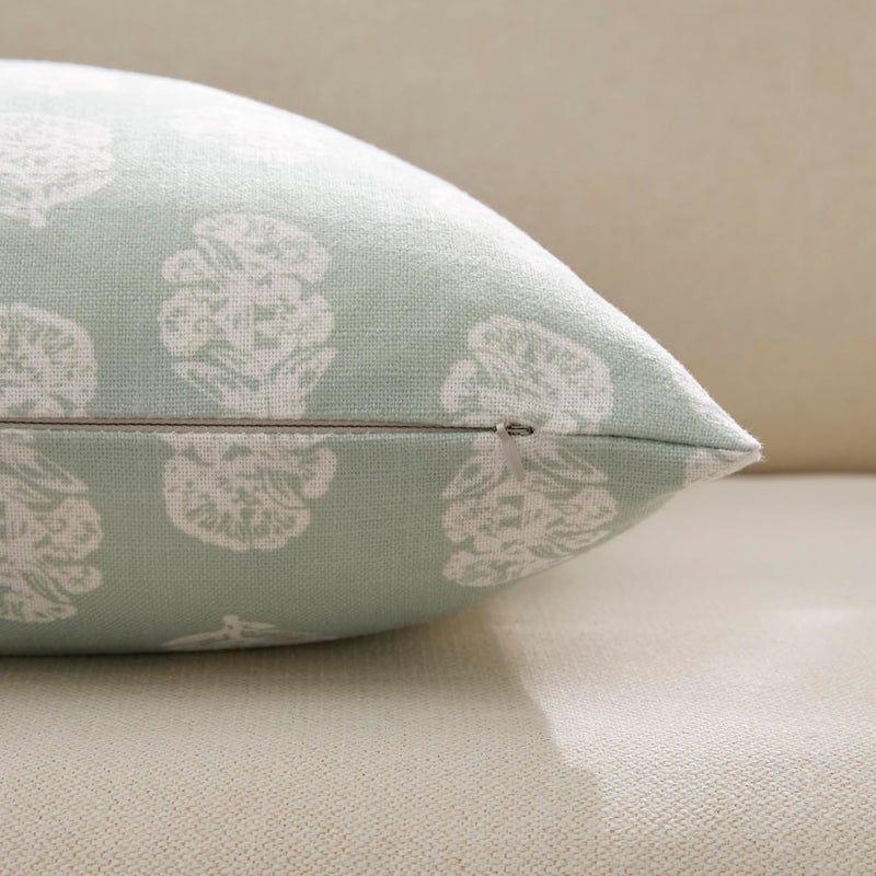 Meekio Set of 2 Pale Sage Pillow Covers with White Floral Block Print 18 x 18 inches Linen Throw Pillow Covers for Sofa Couch Decor - Image 5