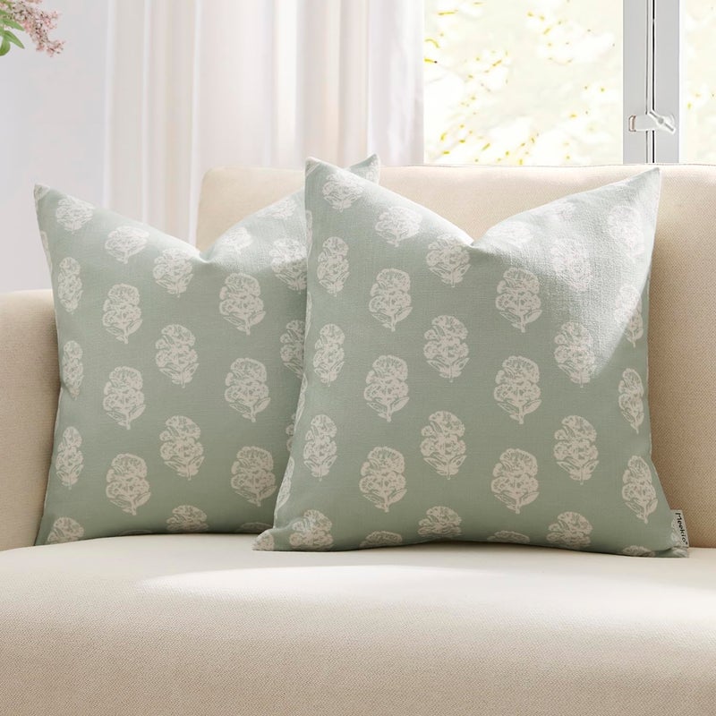Meekio Set of 2 Pale Sage Pillow Covers with White Floral Block Print 18 x 18 inches Linen Throw Pillow Covers for Sofa Couch Decor - Image 1